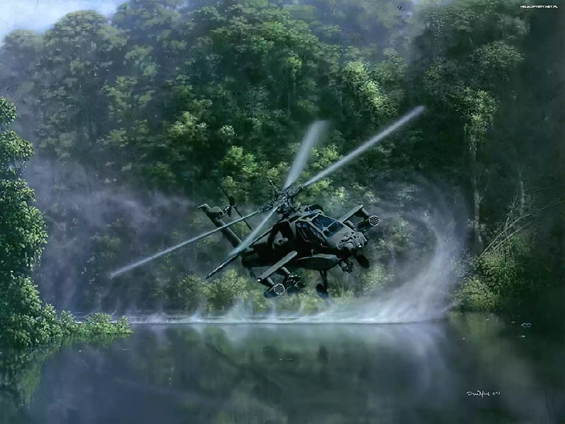 Pojazdy Militarne, Helikopter Apache, rzeka, las